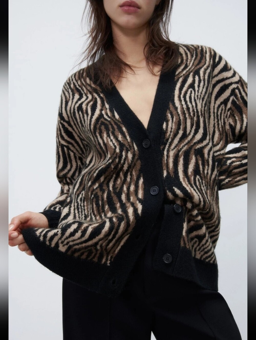 Zara Wool Blend Black and Brown Zebra Print V-Neck Cardigan Sweater Size M